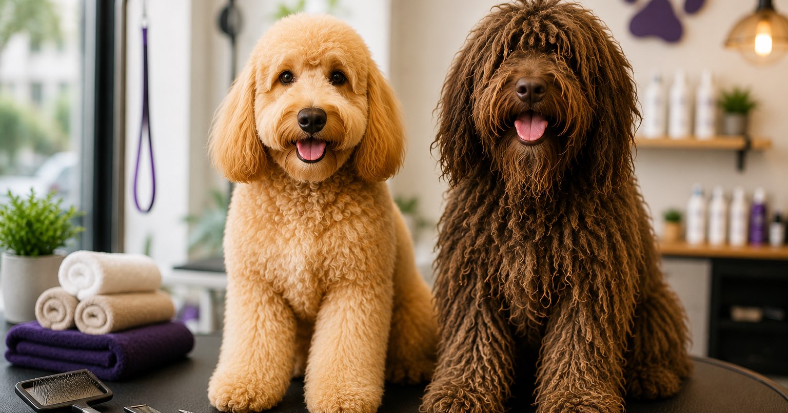 A well-maintained doodle sitting beside a heavily matted doodle on a grooming table