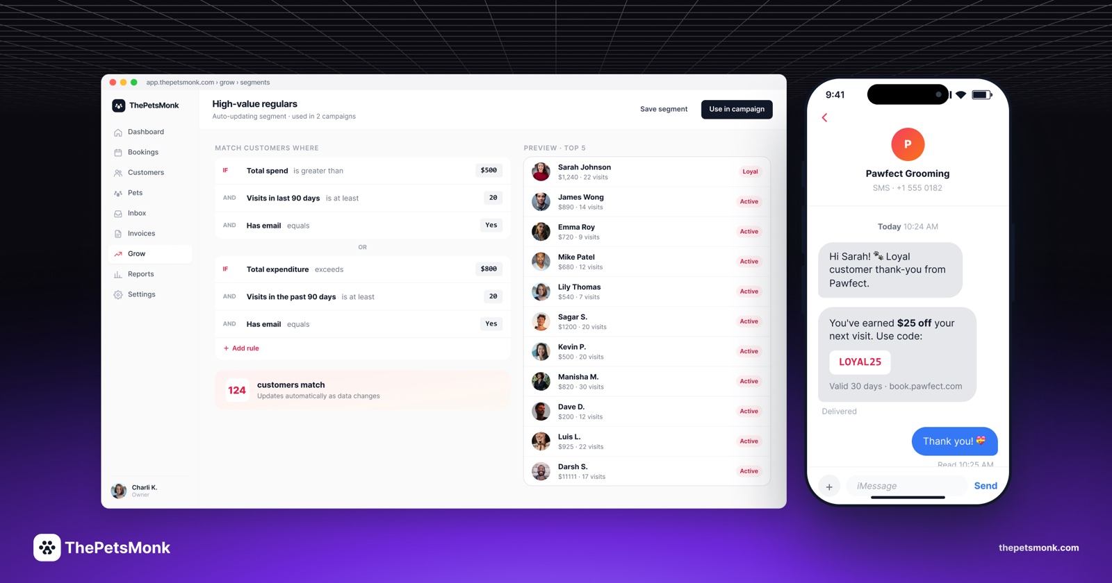 ThePetsMonk messaging screen sending a price-update announcement to grooming clients
