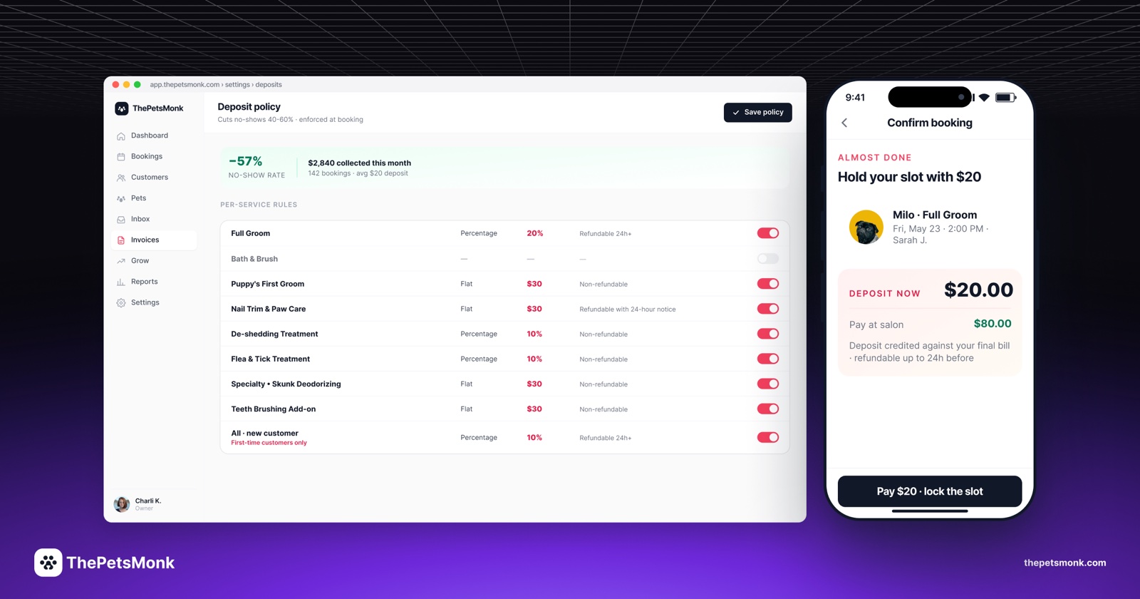 ThePetsMonk booking flow collecting a deposit and showing the cancellation policy