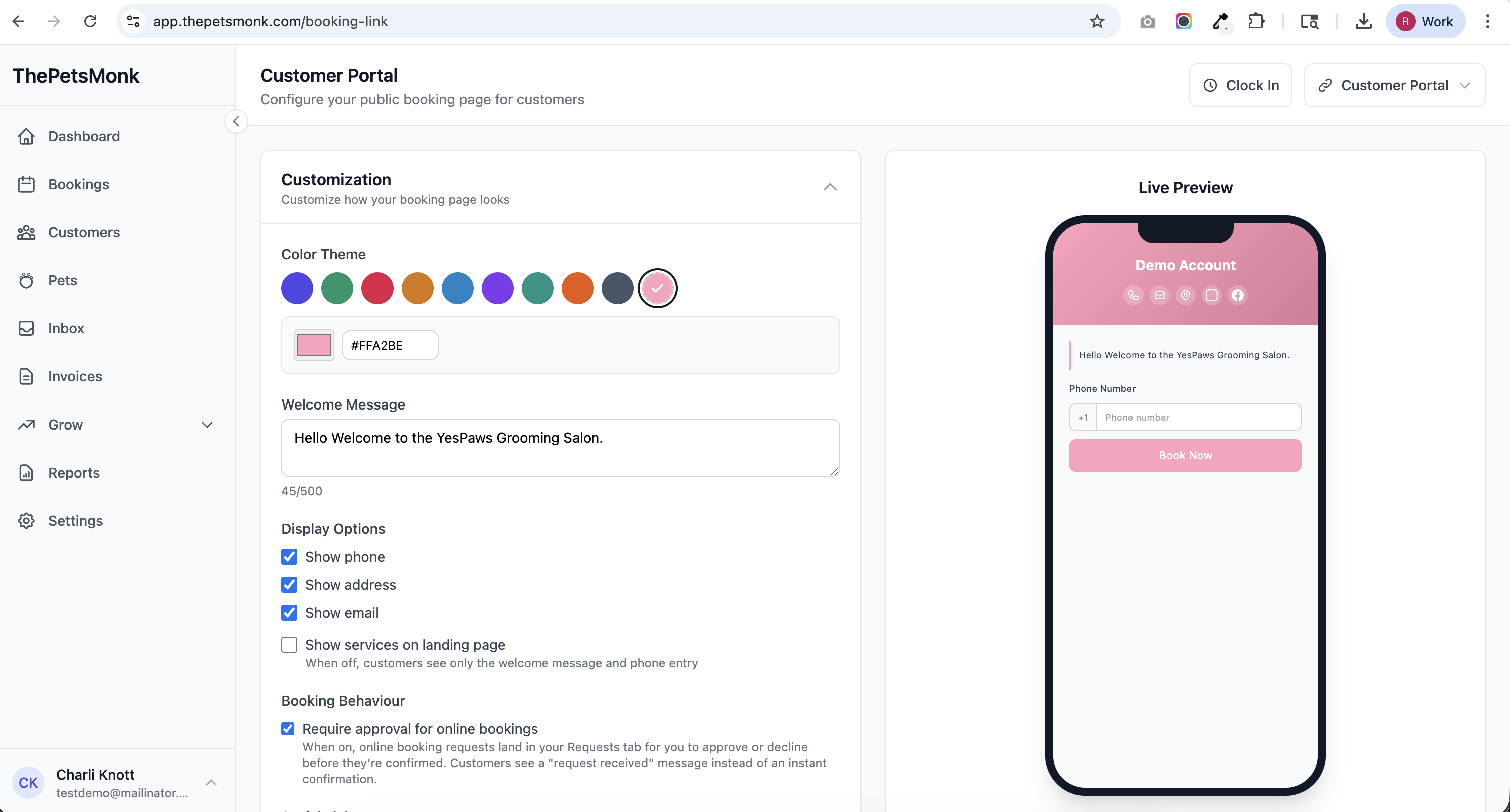 Online booking page — 24/7 client self-service booking