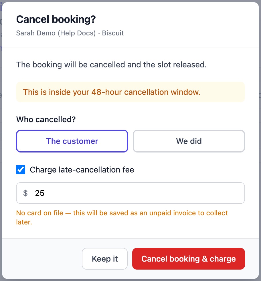 Cancel booking window inside a 48-hour window, with The customer selected and a 25 dollar late-cancellation fee ticked