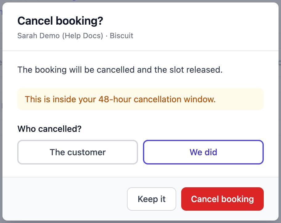 Cancel booking window with We did selected and no fee offered