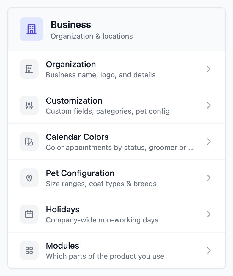 Settings page with Calendar Colors listed under the Business section