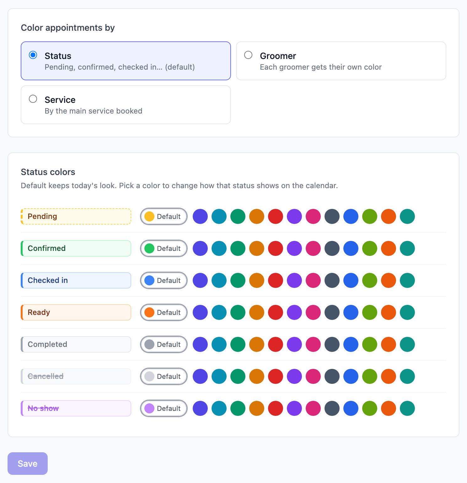 Calendar colors page with Status selected and a color row for each booking status