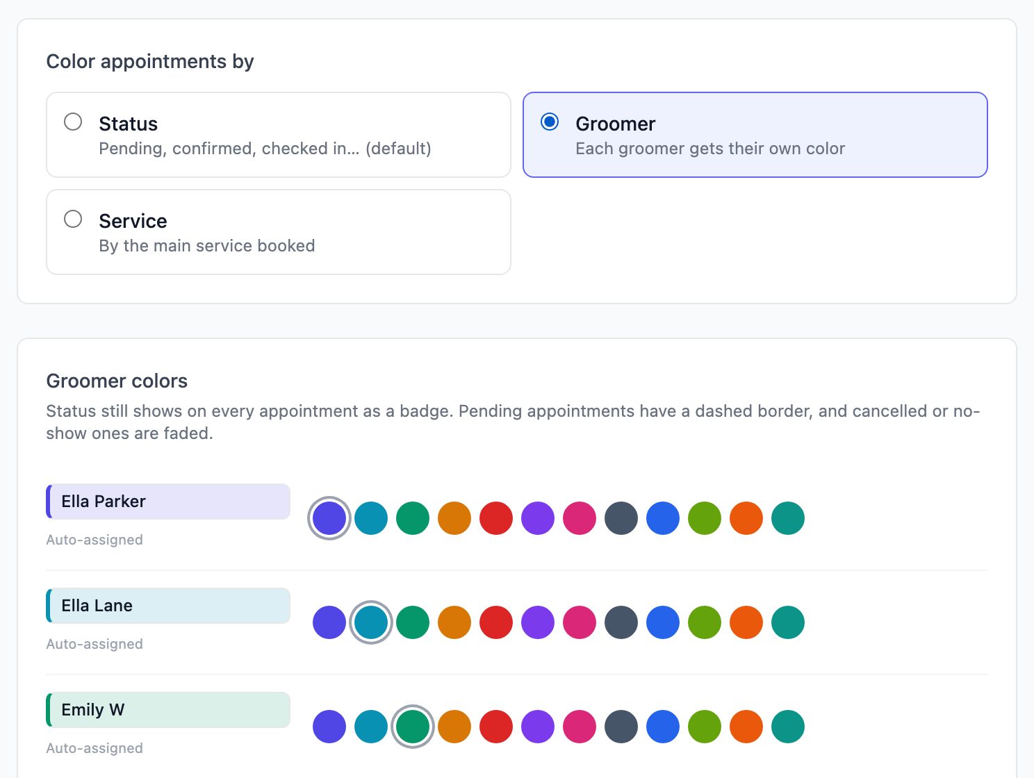 Calendar colors page with Groomer selected, showing a color row for each staff member