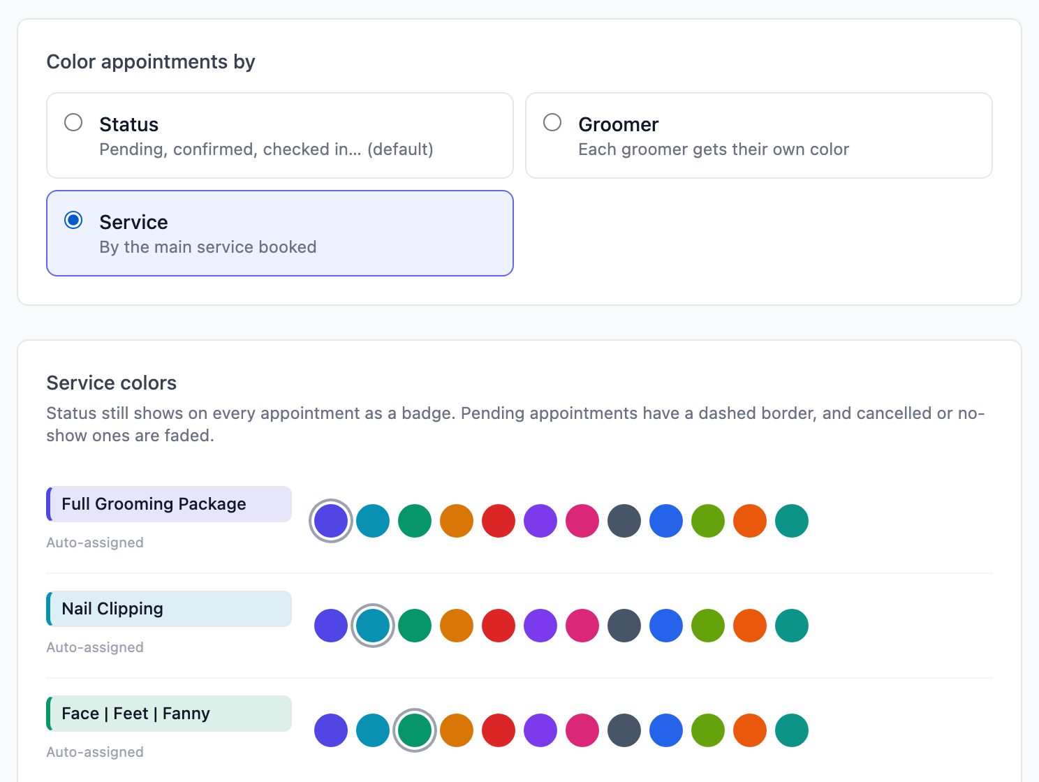 Calendar colors page with Service selected, showing a color row for each service