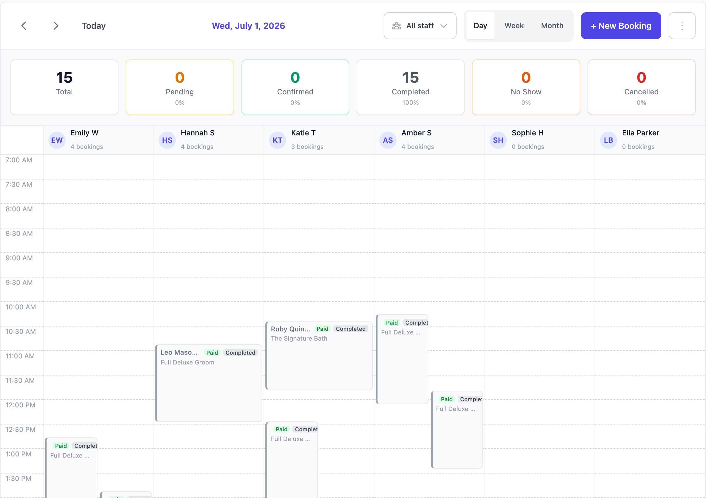 Bookings calendar day view with appointments colored by status