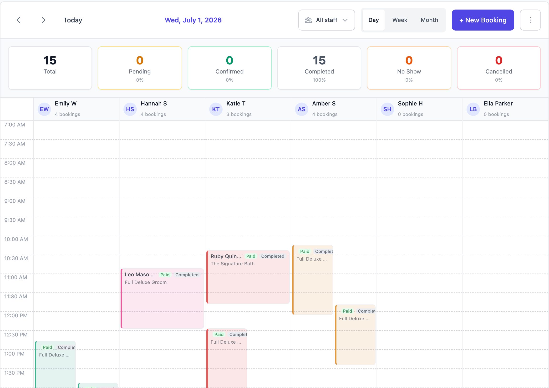 Bookings calendar day view with each groomer's appointments in their own color