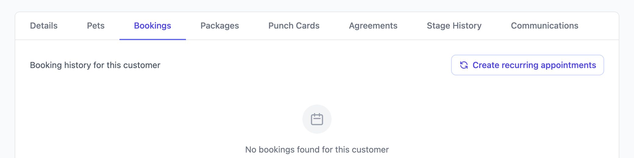 Customer Bookings tab with the Create recurring appointments button