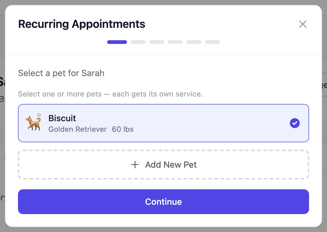 Recurring Appointments window asking which pet to book