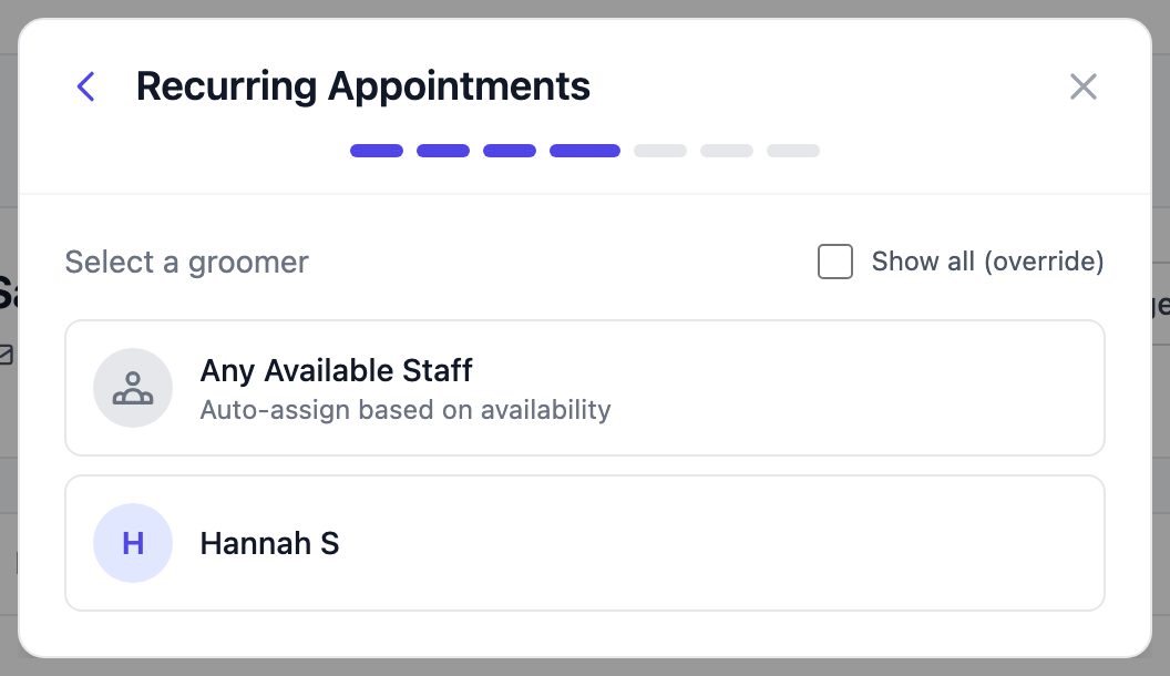 Groomer step with Any Available Staff and a list of groomers