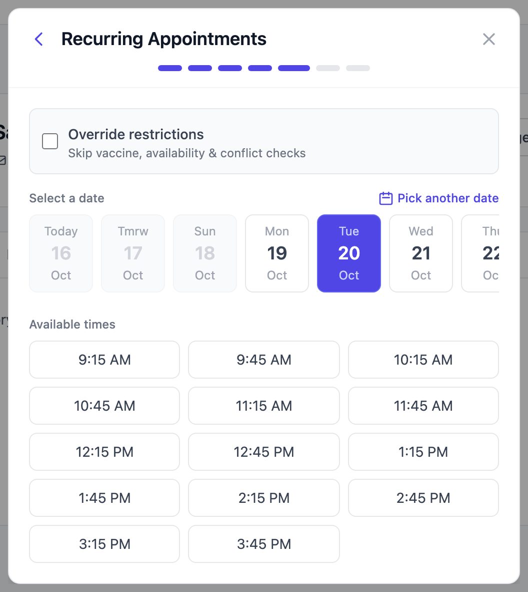 Date strip and available time slots for the first appointment