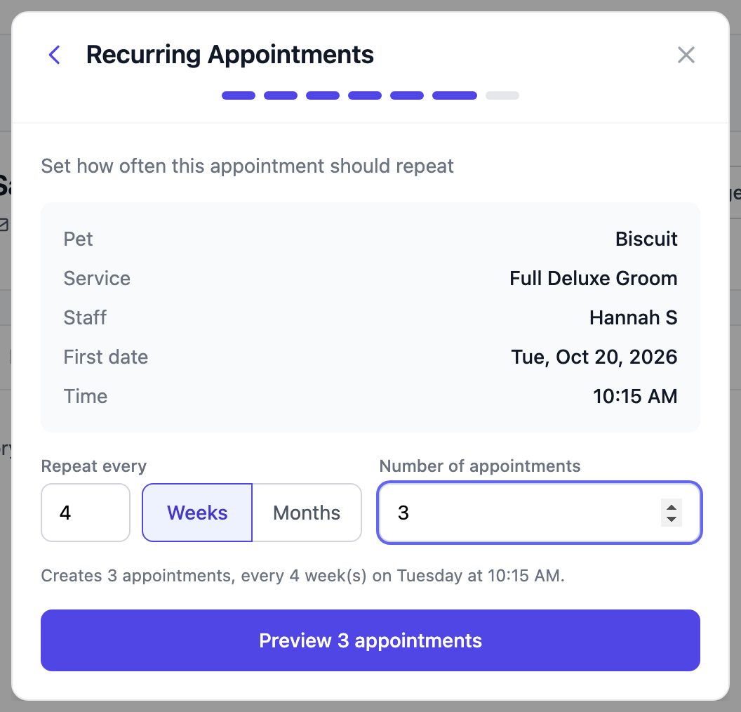Repeat settings showing every 4 weeks and the number of appointments