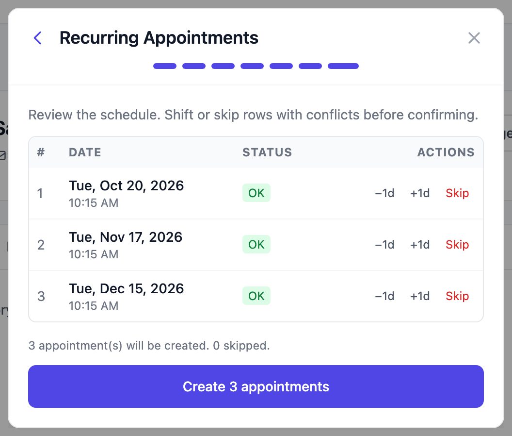 Preview table listing each date with an OK status and move or skip actions