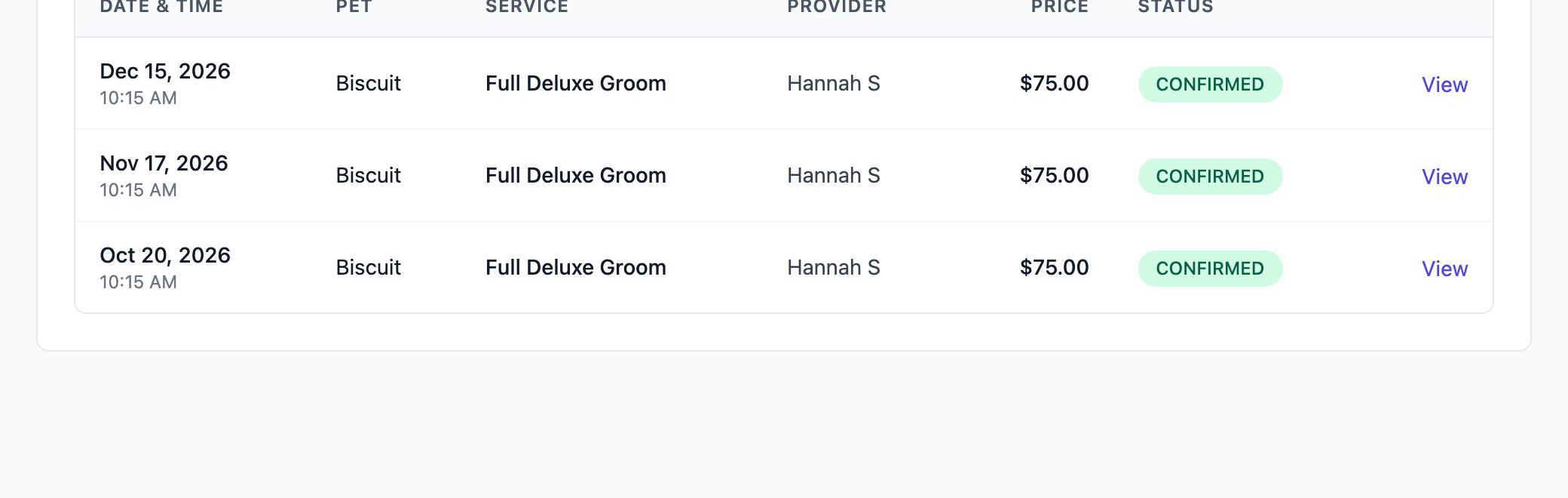 Customer Bookings tab listing three confirmed appointments four weeks apart