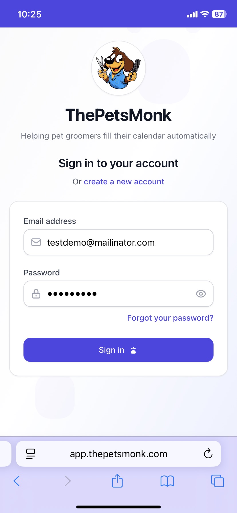 ThePetsMonk sign-in screen open in Safari at app.thepetsmonk.com