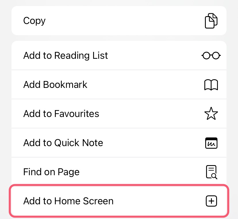 Safari share menu with the Add to Home Screen option at the bottom