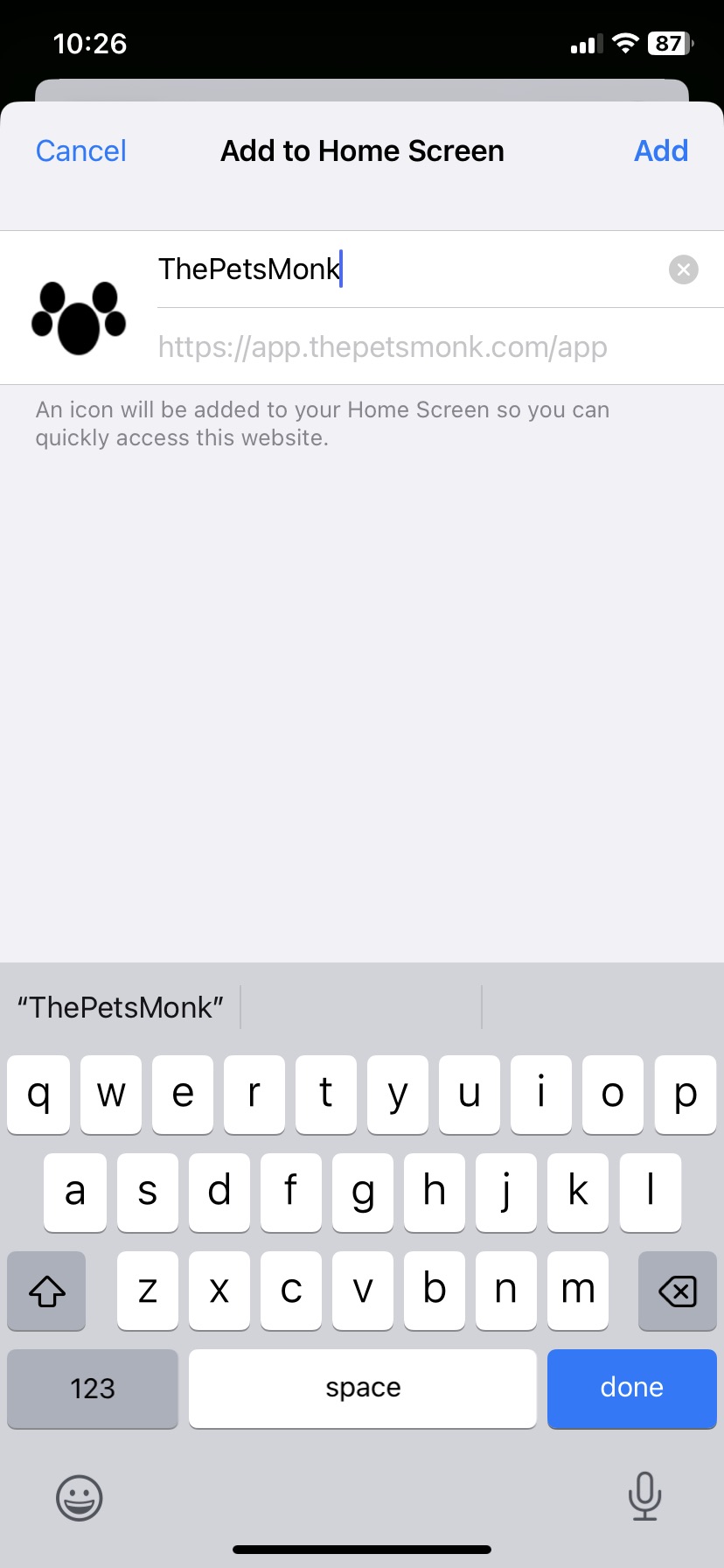 Add to Home Screen dialog with the name ThePetsMonk and the Add button in the top right