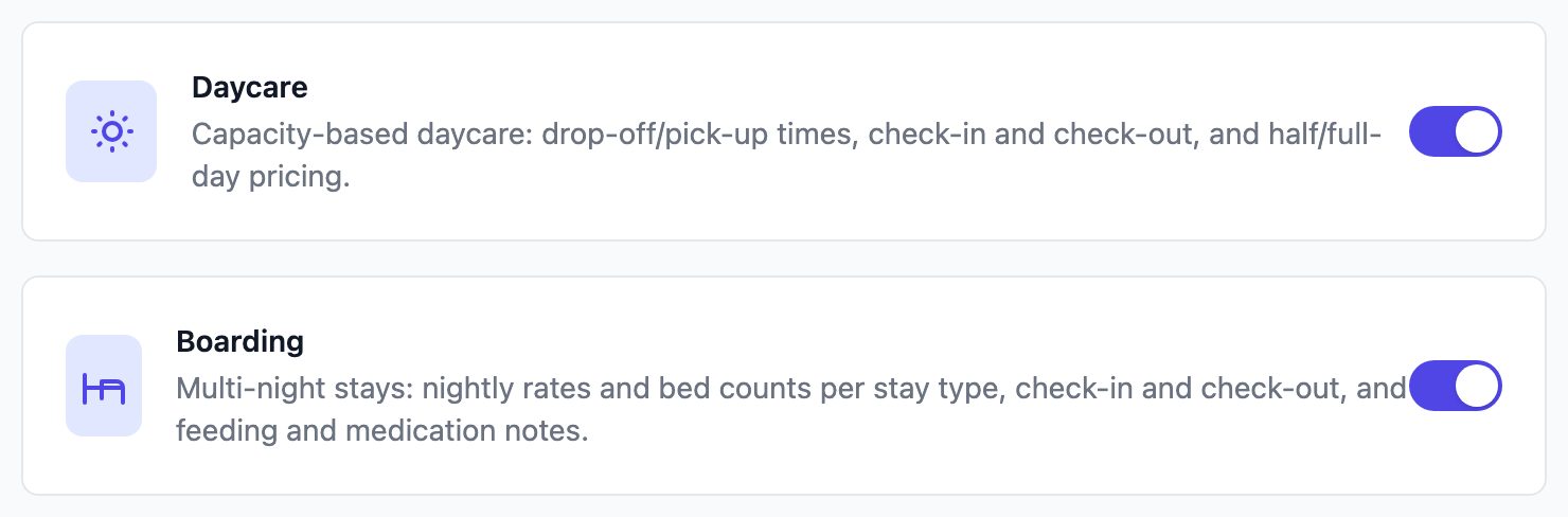 Modules settings with the Daycare and Boarding switches turned on
