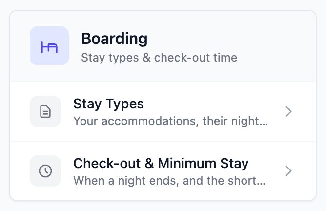 Boarding card in Settings with Stay Types and Check-out and Minimum Stay