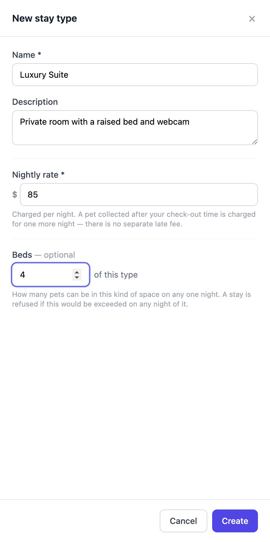 New stay type panel with name, description, nightly rate and beds fields