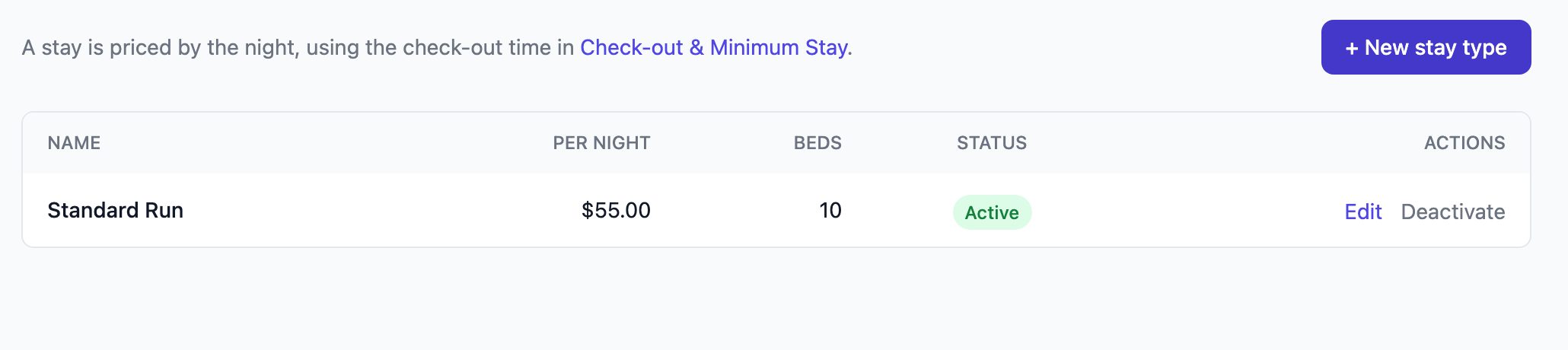 Stay Types list showing Standard Run at 55 dollars per night with 10 beds