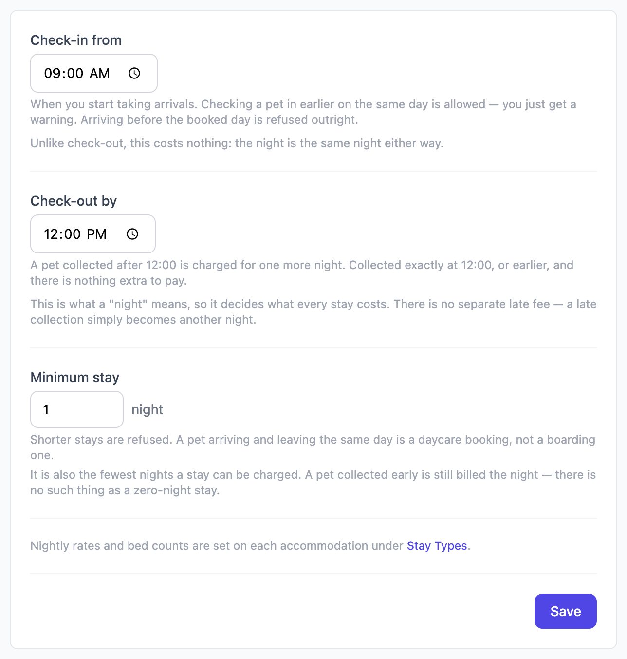 Check-out and Minimum Stay settings with check-in from 9 AM, check-out by 12 PM and a 1-night minimum