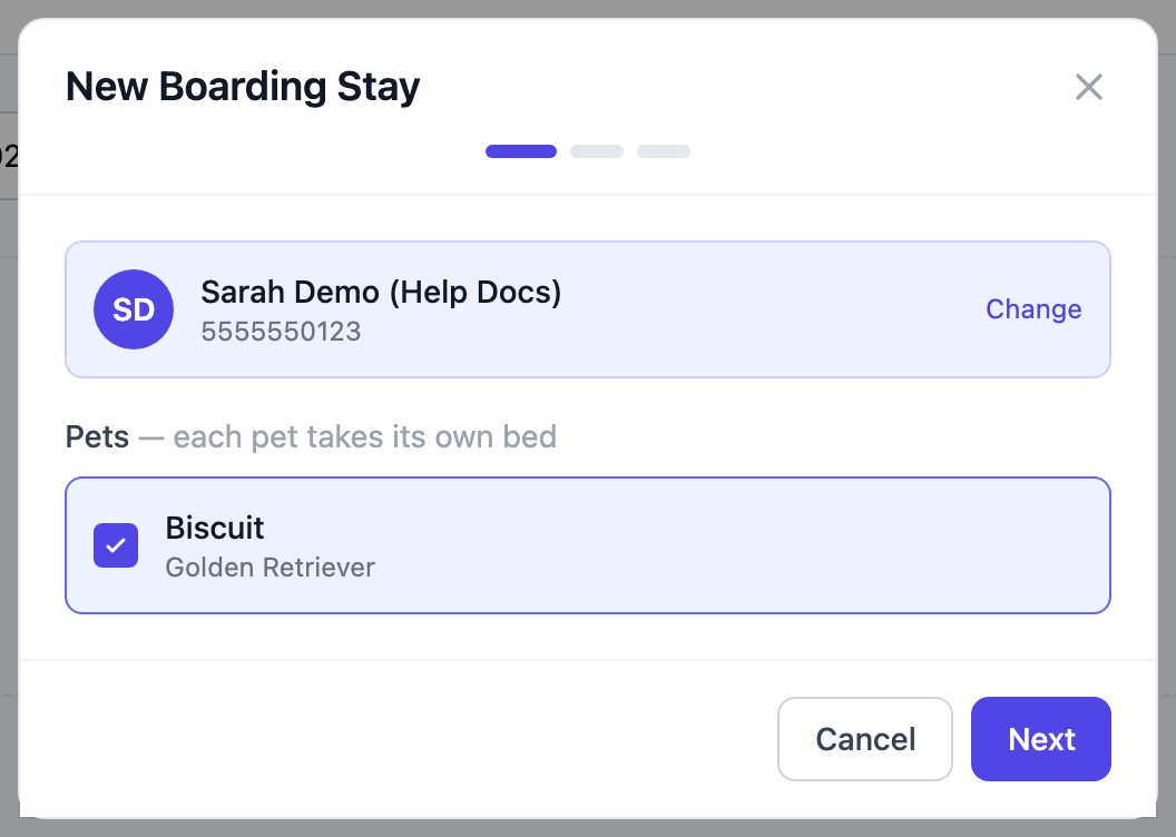 New Boarding Stay window with the customer selected and their pet listed