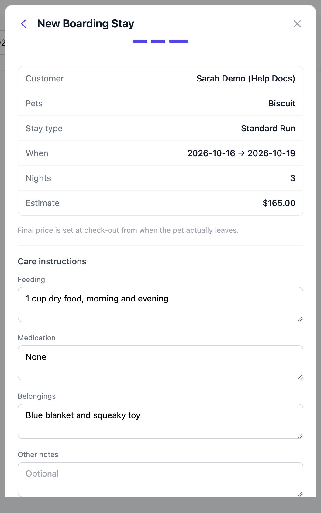 Confirm step with the stay summary, 165 dollar estimate and care instructions