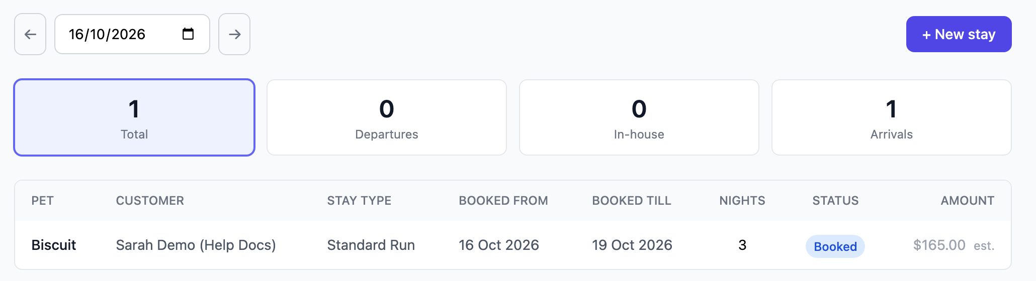 Boarding page with one arrival and the stay listed with its nights, status and estimated amount