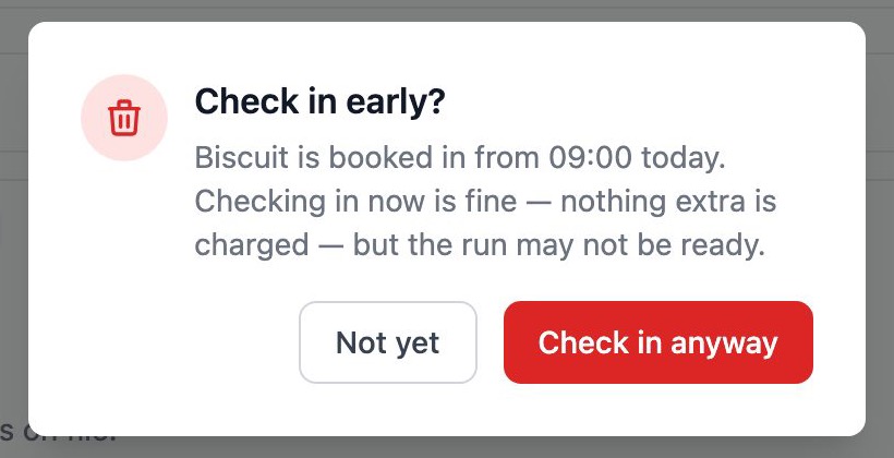 Check in early confirmation with Not yet and Check in anyway buttons