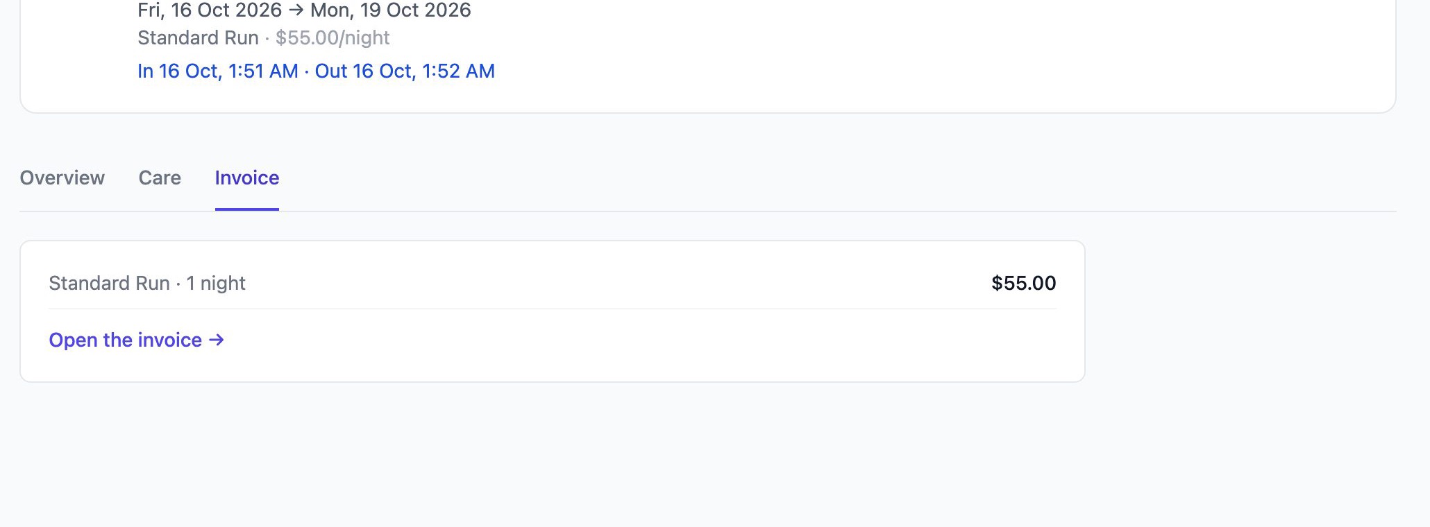 Completed stay with the Invoice tab showing one night at 55 dollars and an Open the invoice link
