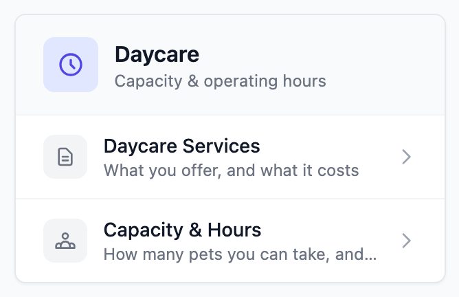 Daycare card in Settings with Daycare Services and Capacity and Hours
