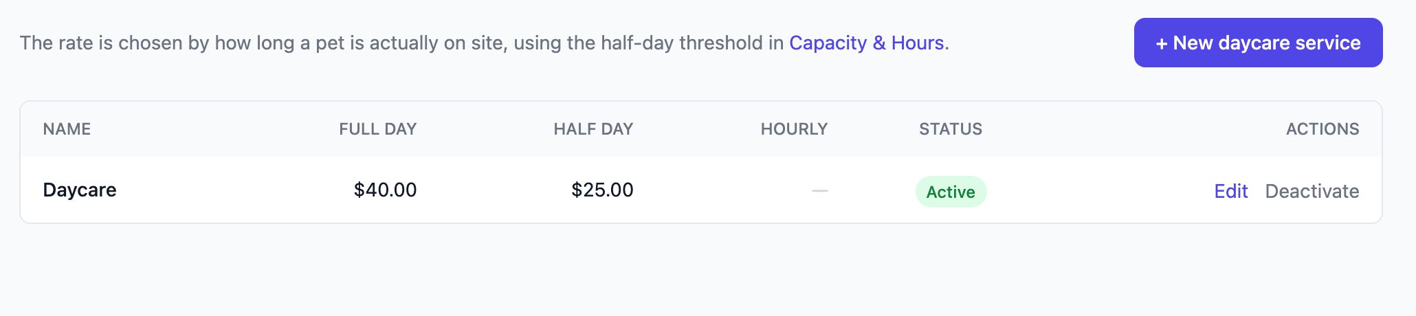 Daycare Services list showing a Daycare service with full-day and half-day prices
