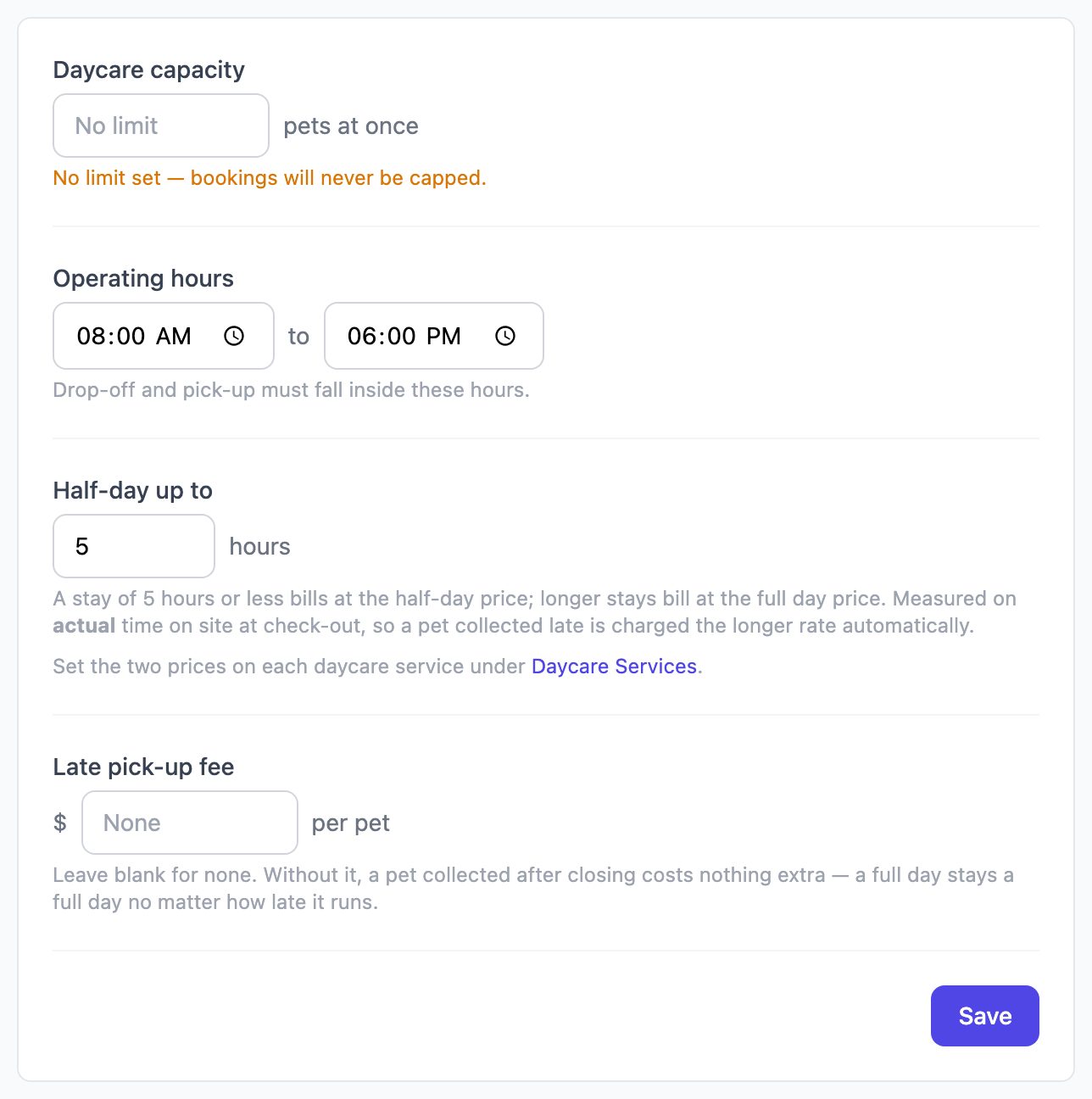 Capacity and Hours settings with capacity, operating hours, half-day hours and late pick-up fee