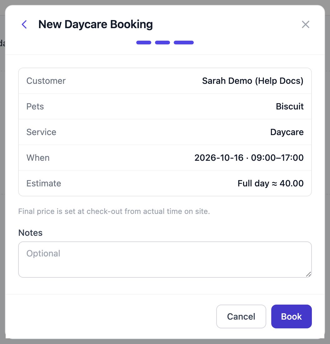 Confirm step with the booking summary, full-day estimate and notes