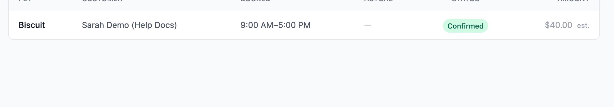 Daycare day view listing a confirmed booking with its booked times and estimated amount