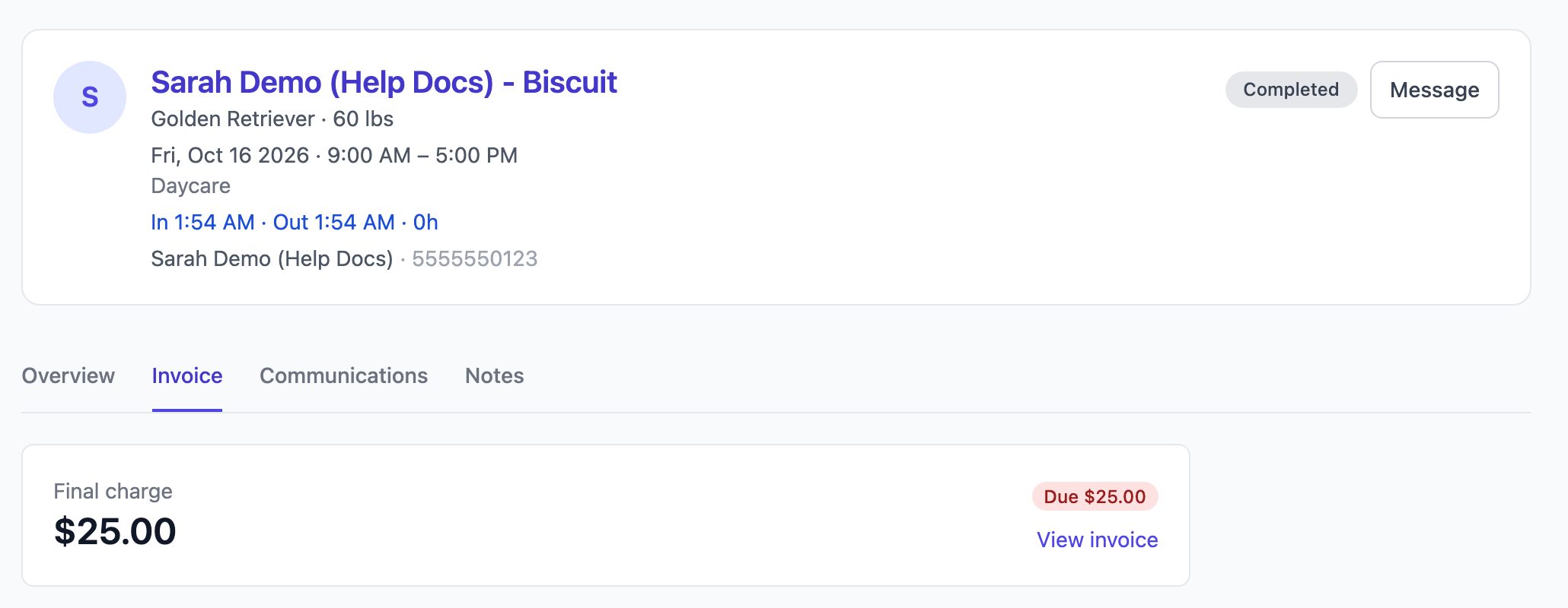 Completed daycare booking with the Invoice tab showing the final charge and amount due