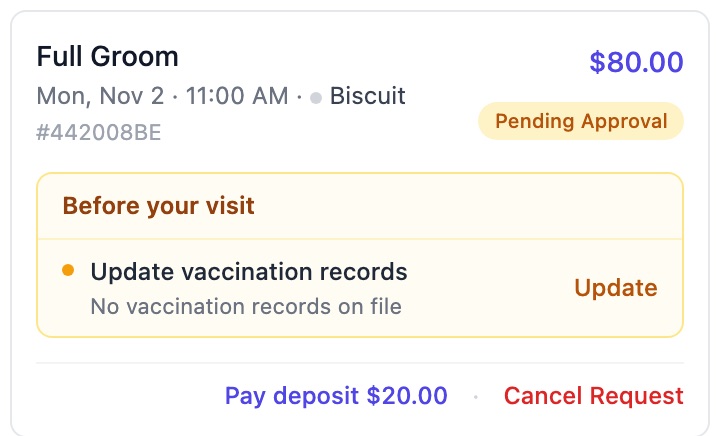 Customer's upcoming booking with a Pay deposit 20 dollars link