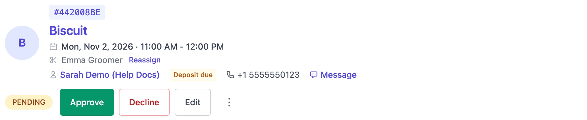 Pending booking showing a Deposit due label next to the customer's name, with Approve and Decline buttons