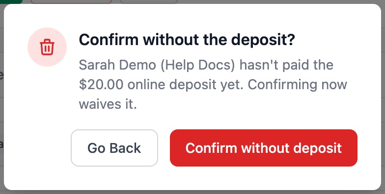 Confirm without the deposit window with Go Back and Confirm without deposit buttons