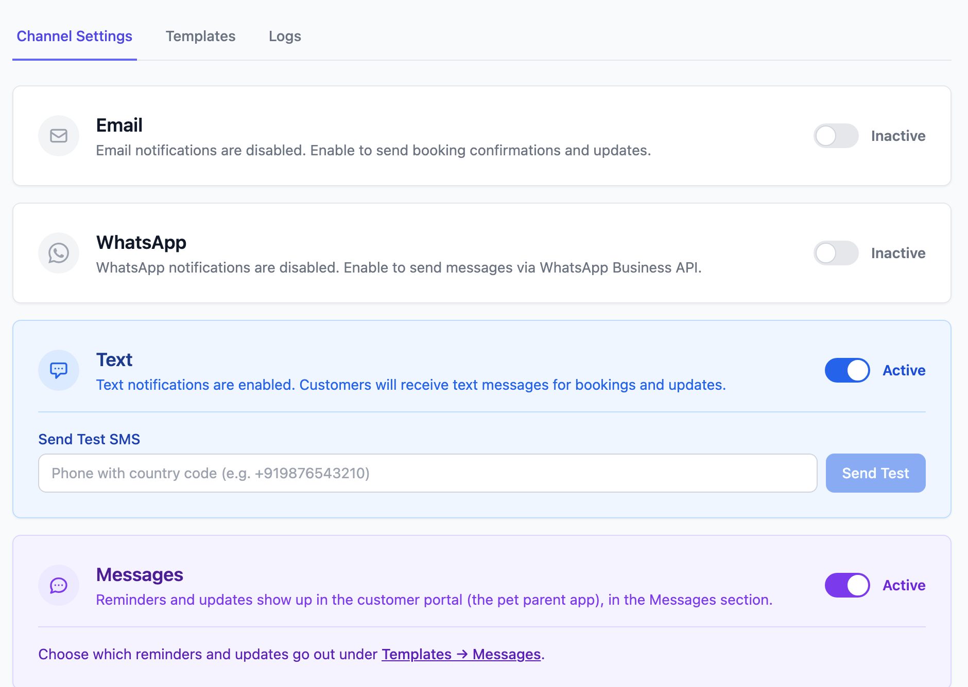 Communications settings with the Email, WhatsApp, Text, Messages and Push notifications channel cards