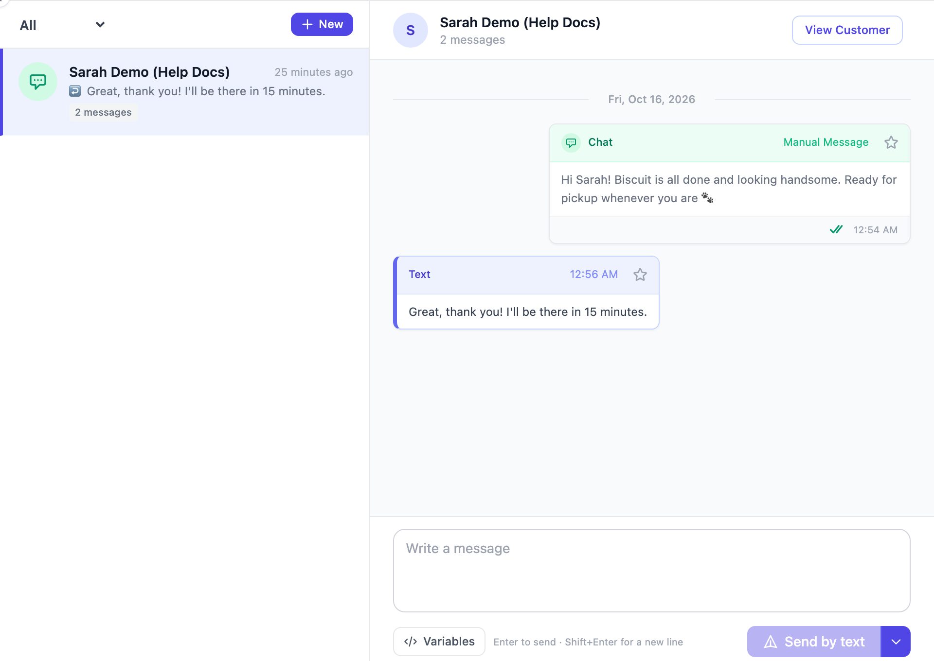 An open conversation showing a chat message from the salon and a text reply from the customer
