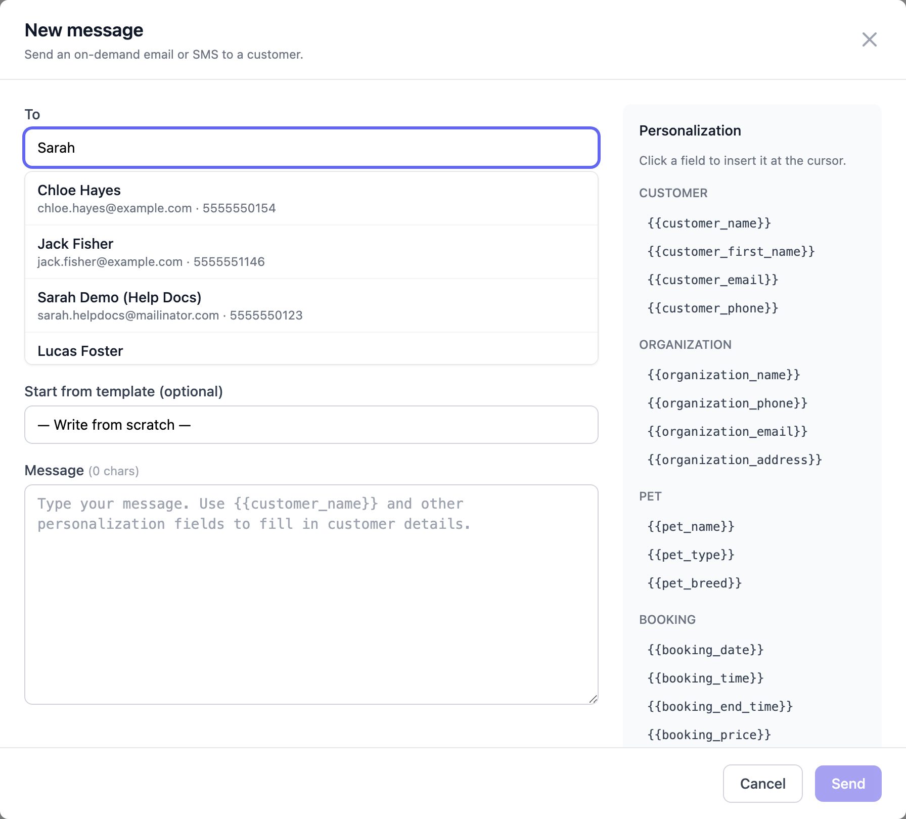 New message window with a customer search in the To field and personalization fields on the right