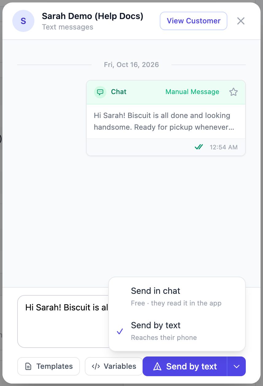 Message panel open on a customer profile with the Send in chat and Send by text options